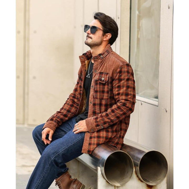 Detail of a men's heavy flannel jacket, highlighting the soft sherpa interior and rugged outerwear fabric.