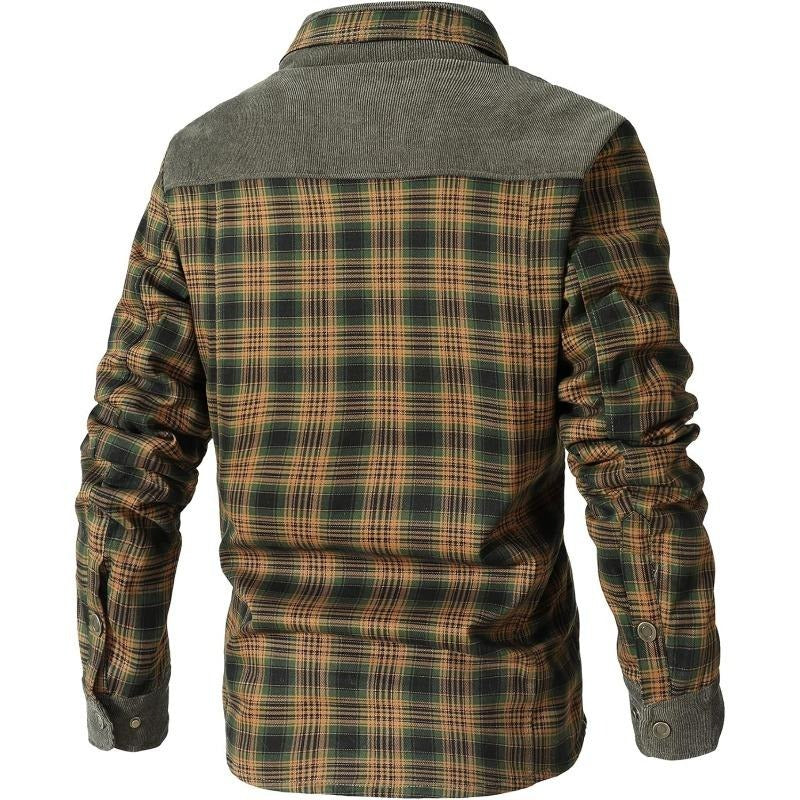 Versatile men's sherpa-lined flannel jacket in a classic plaid pattern, combining comfort and winter style.