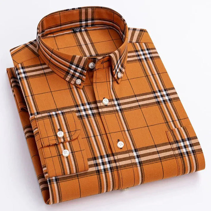 Versatile gray and white plaid long sleeve button-down shirt for men, ideal for layered outfits.