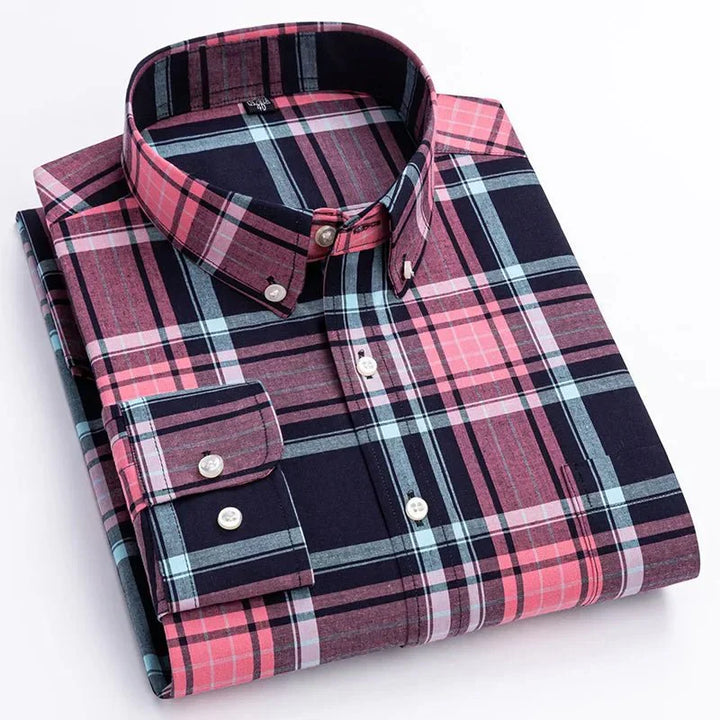 Full view of a men's long sleeve button-down shirt featuring a timeless plaid pattern, great for mensfashion.