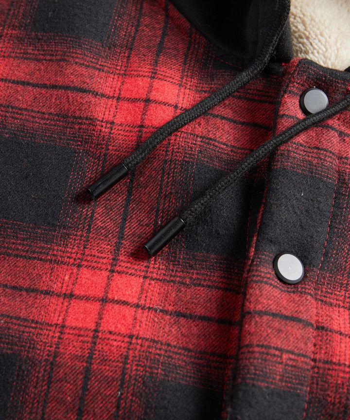 Durable men's sherpa lined flannel jacket, red plaid, perfect for outdoor winter activities