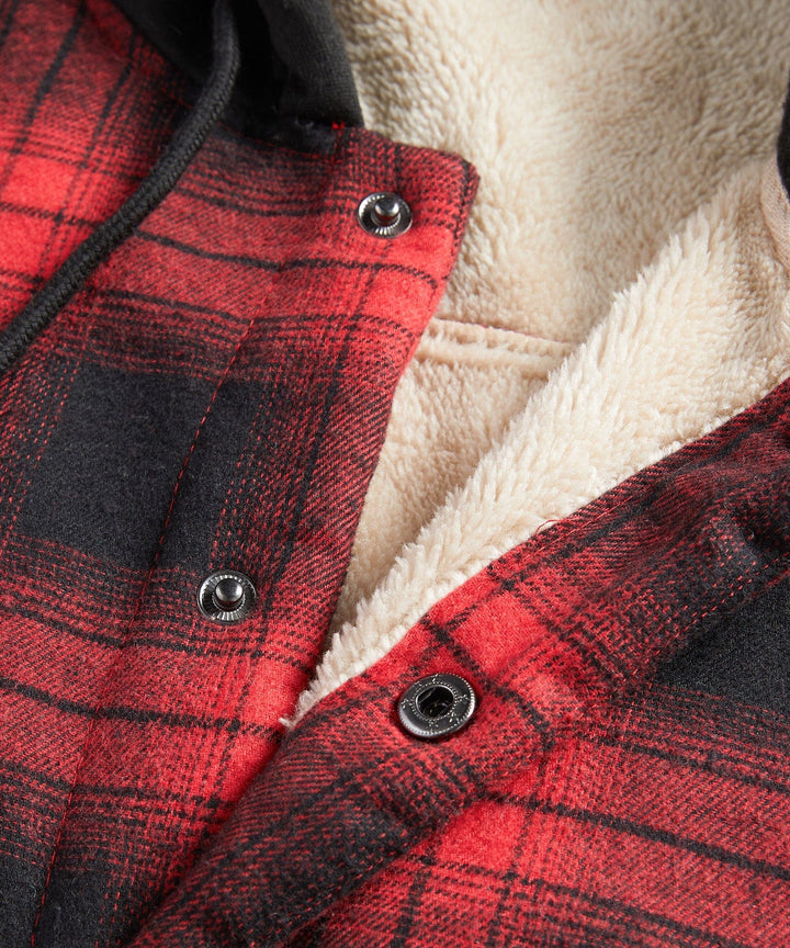Cozy men's outerwear: red plaid hooded flannel jacket with soft sherpa lining for winter