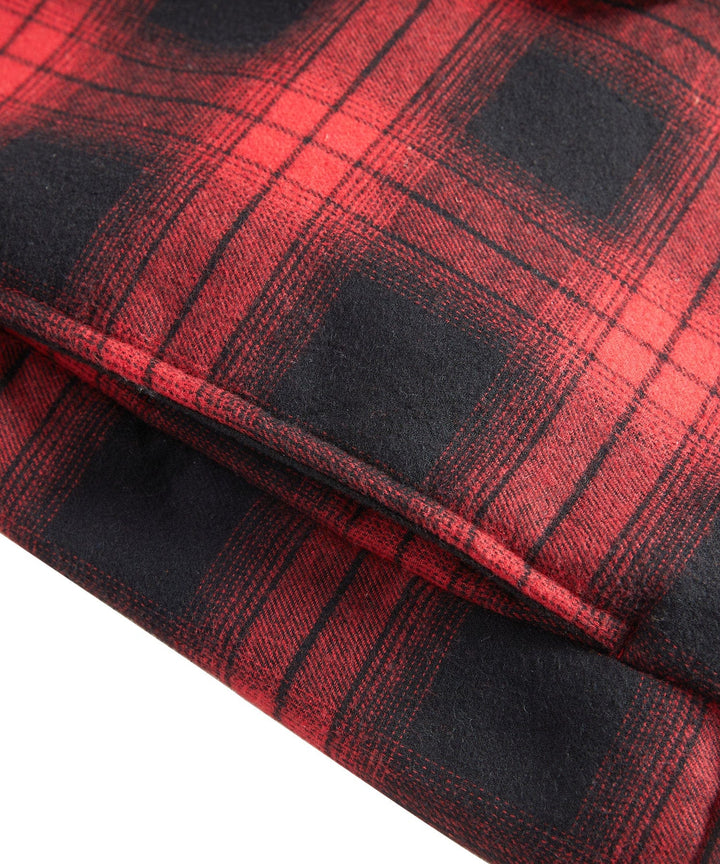 Stylish men's casual wear, red plaid sherpa lined hooded flannel jacket, ideal for layering