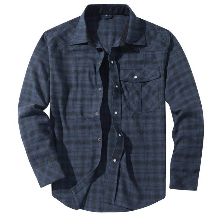 Men's red plaid snap button flannel shirt, cotton blend, ideal for casual wear or workwear.