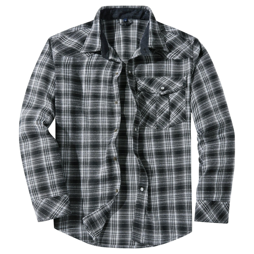 Versatile orange and black plaid men's snap button flannel shirt, cotton blend for all seasons.