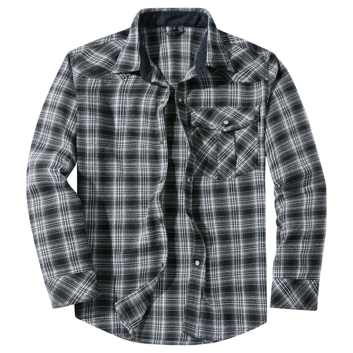 Versatile orange and black plaid men's snap button flannel shirt, cotton blend for all seasons.
