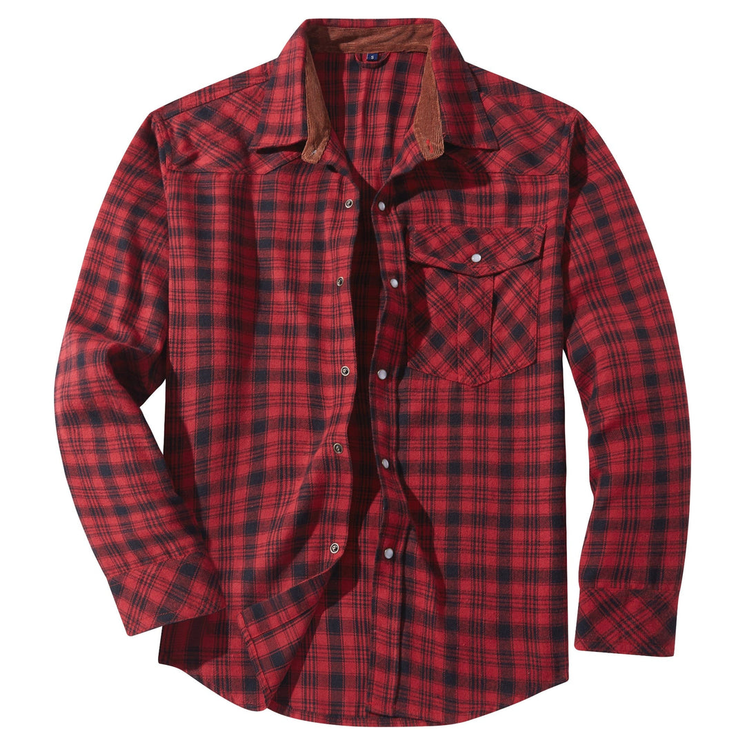 Classic men's blue and brown plaid cotton blend snap button flannel shirt, long sleeve.