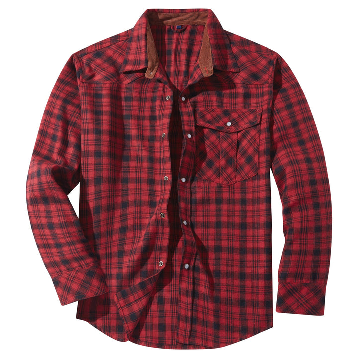Classic men's blue and brown plaid cotton blend snap button flannel shirt, long sleeve.