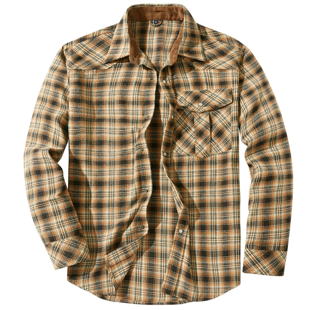 Durable men's green plaid snap button flannel shirt, perfect for outdoor activities or casual style.