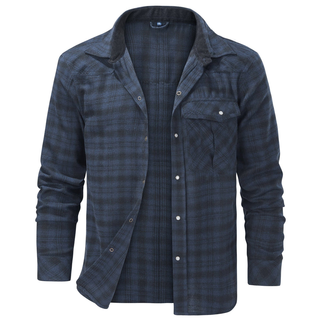 Comfortable men's cotton blend snap button flannel shirt, long sleeves, suitable for everyday wear.