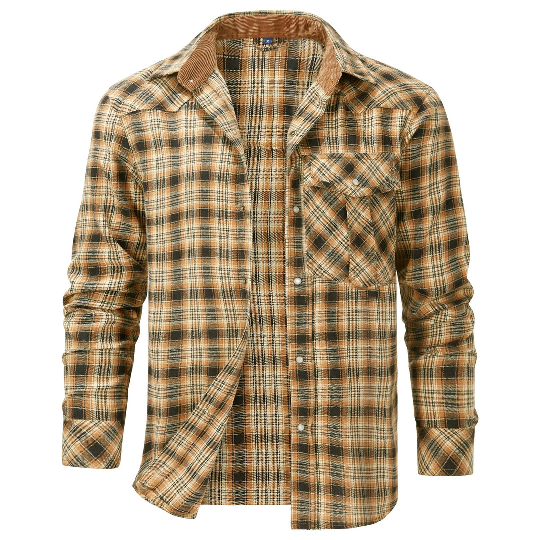 Outdoor ready men's blue plaid snap button flannel shirt, soft cotton blend for comfort.