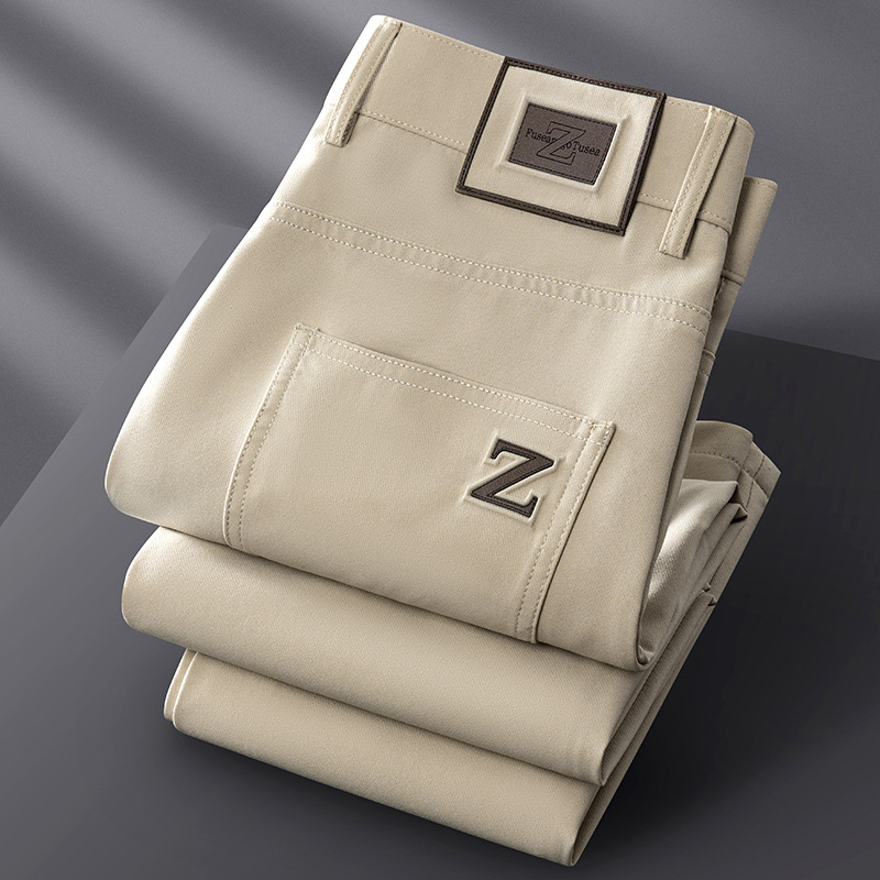 Men's refined matte finish beige trousers, tailored for a smart casual look.
