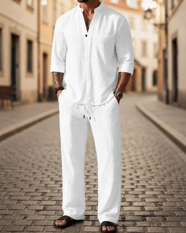 Comfortable men's relaxed fit 2-piece casual outfit, ideal for summer wear, beach, or travel, featuring a stylish top.