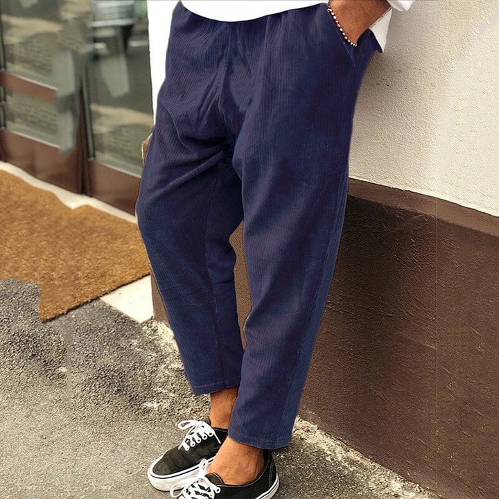 Green corduroy men's relaxed fit trousers, ideal casual pants for everyday comfort