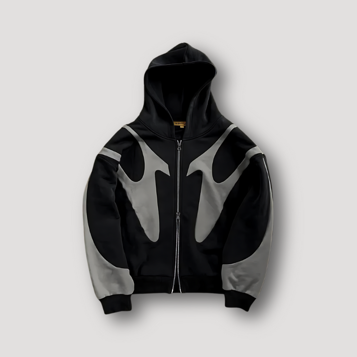 Men's relaxed fit black zip-up hoodie, perfect for casual streetwear and layering urban fashion.