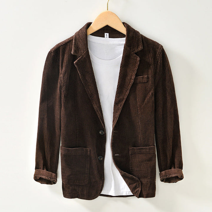 Stylish men's brown corduroy blazer with a relaxed fit, ideal casual jacket outerwear