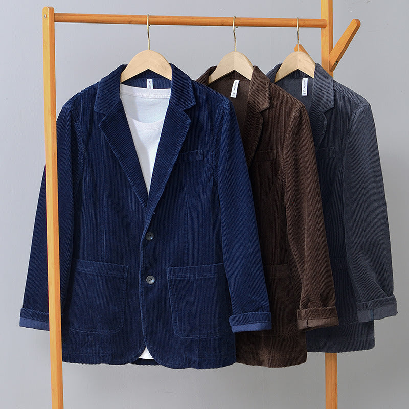 Three-quarter view of a men's relaxed fit brown corduroy blazer, versatile men's fashion
