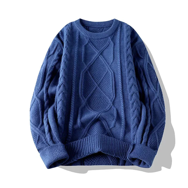Men's relaxed fit cable knit sweater, a warm wool blend crew neck for winter casual wear.