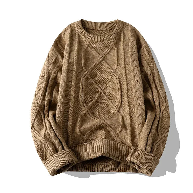 Full view of a stylish men's relaxed fit cable knit sweater, perfect for men's winter fashion.