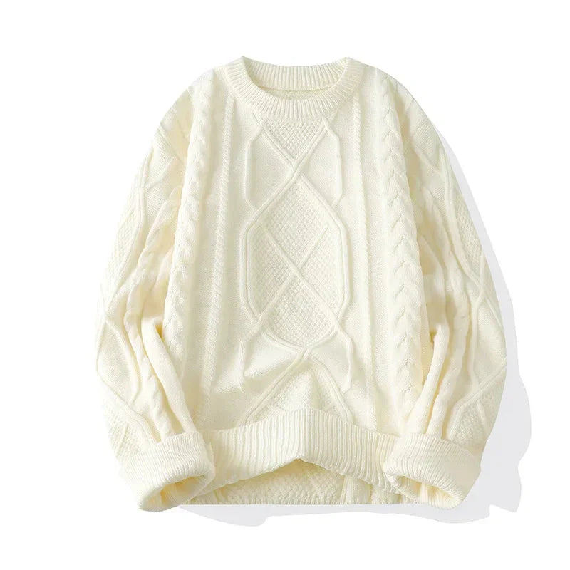 Front shot of a men's relaxed fit cable knit sweater, emphasizing its textured and cozy appeal.