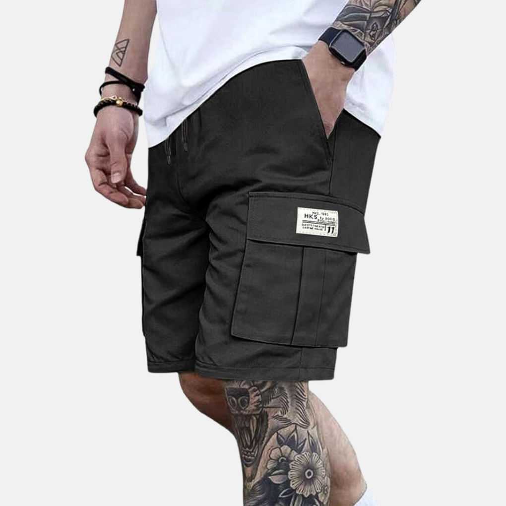 Stylish men's knee-length loose fit cargo shorts, perfect for streetwear & practical everyday wear.