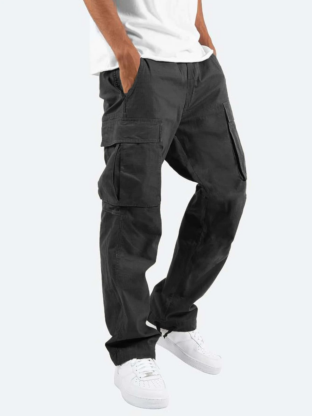Men's relaxed fit cargo trousers with multiple utility pockets, ideal for casual wear & comfort.