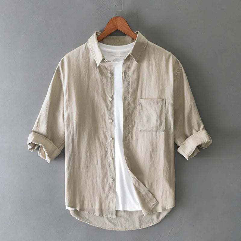 Men's relaxed fit cotton linen blend shirt in a light color, perfect for summer casual wear