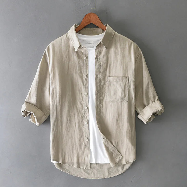 Men's relaxed fit cotton linen blend shirt in a light color, perfect for summer casual wear