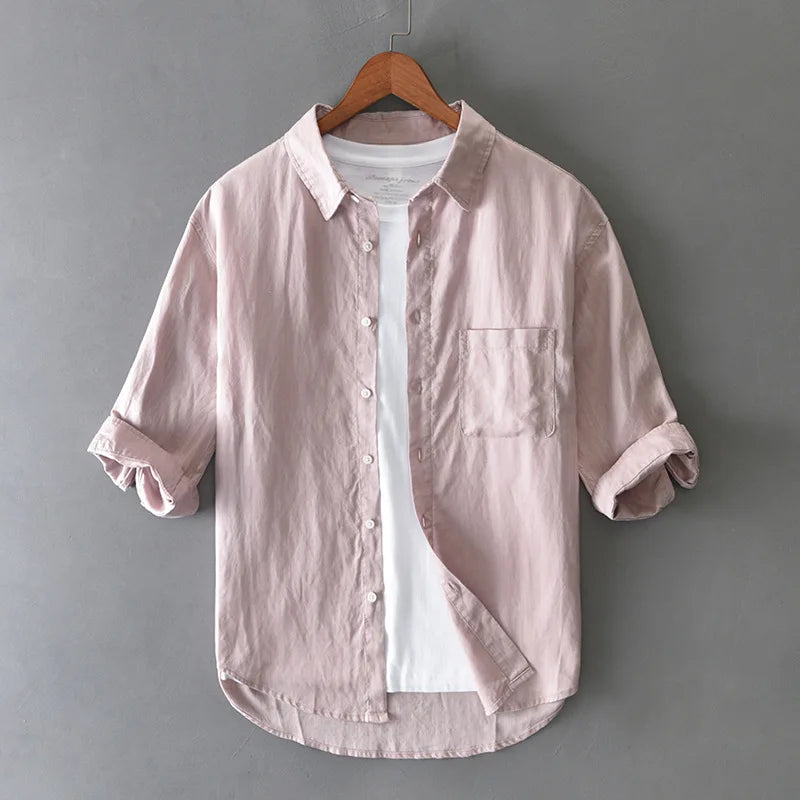 Breathable long-sleeve men's button-down shirt made from a comfortable cotton linen fabric