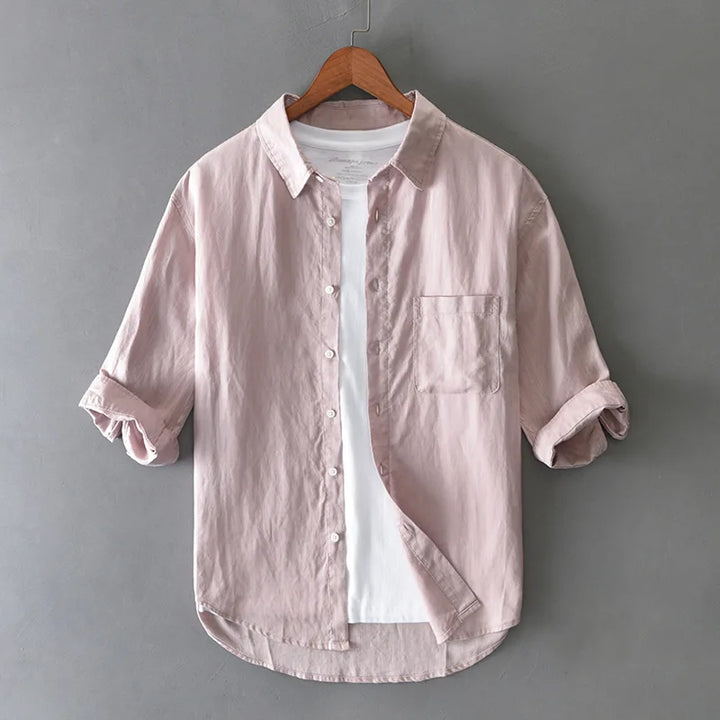 Breathable long-sleeve men's button-down shirt made from a comfortable cotton linen fabric