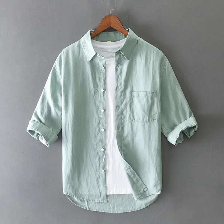Casual men's relaxed fit linen shirt, ideal for warm weather, showcasing a soft texture