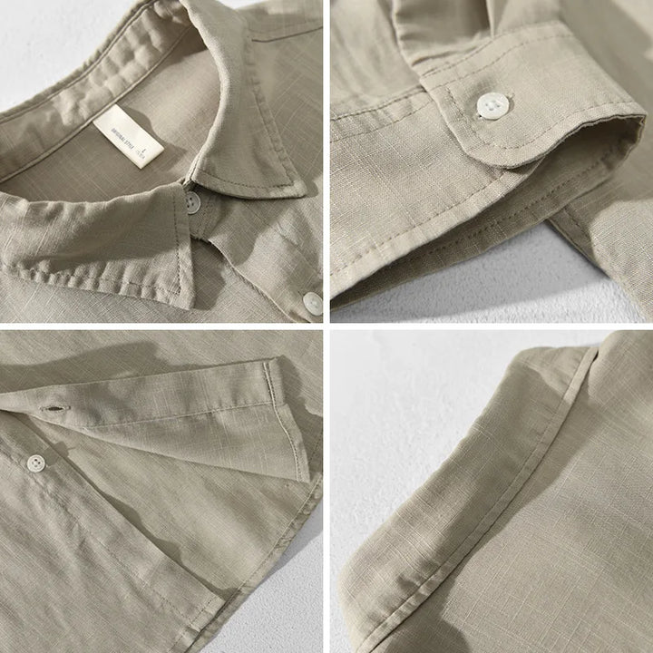 Front view of a men's relaxed fit long-sleeve cotton linen shirt, emphasizing its breathable design