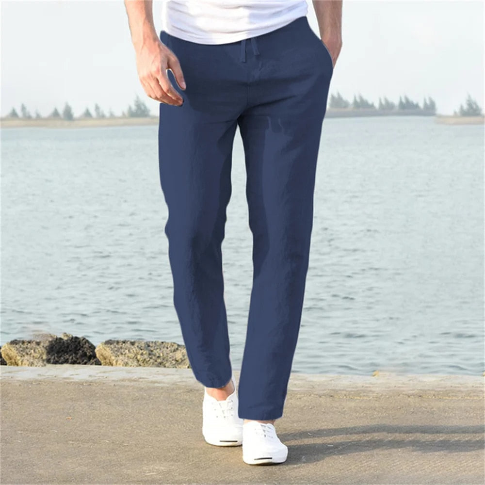 Modern men's relaxed fit drawstring pants, great for summer fashion, travel, or everyday comfortable wear.