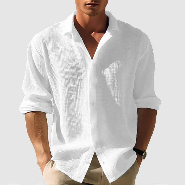 Stylish men's relaxed fit long sleeve button-down shirt, ideal for summer vacation and outdoor comfort.