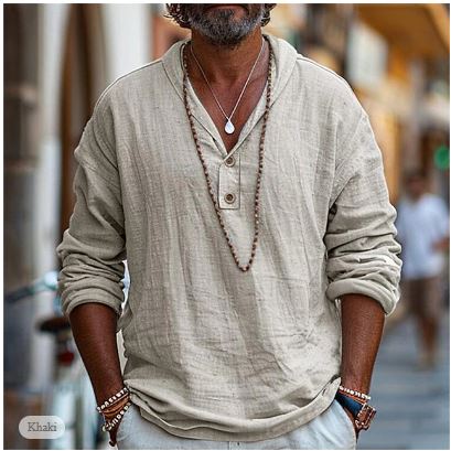 Men's relaxed fit long sleeve stand-up collar shirt. Perfect casual summer top for beach or travel.