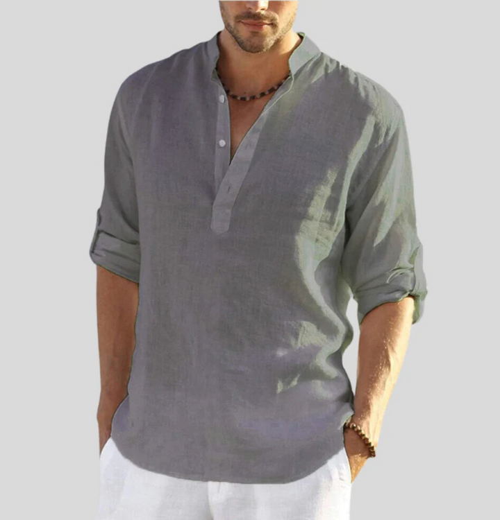 Versatile men's relaxed fit short sleeve V-neck button-up shirt. Modern men's clothing for summer style.