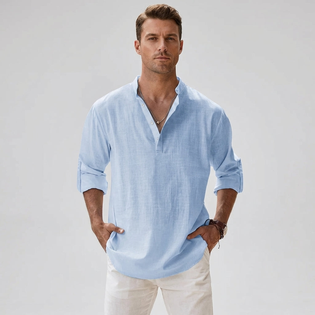 Men's relaxed fit summer button-down shirt. Ideal for warm weather, casual wear, and vacation fashion.