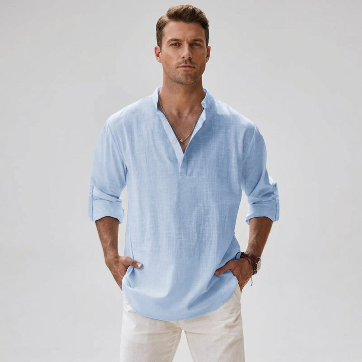 Men's relaxed fit summer button-down shirt. Ideal for warm weather, casual wear, and vacation fashion.