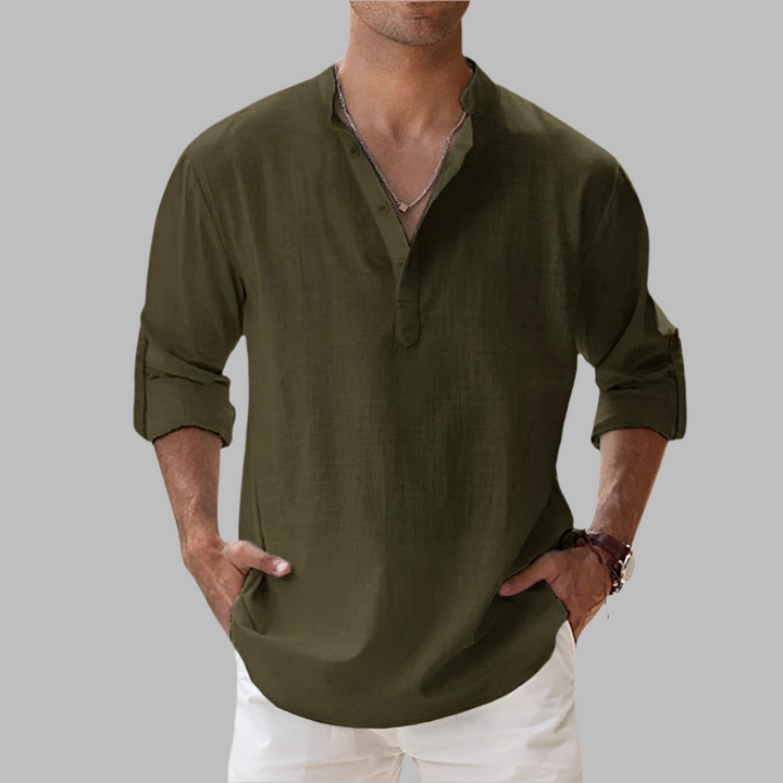 Modern men's relaxed fit long sleeve button-down shirt, essential for stylish summer menswear.