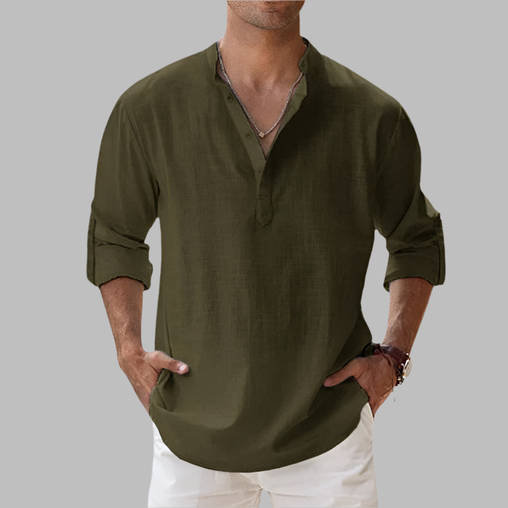 Relaxed fit men's button-down summer shirt. Casual long sleeve collared top for warm weather fashion & comfort.