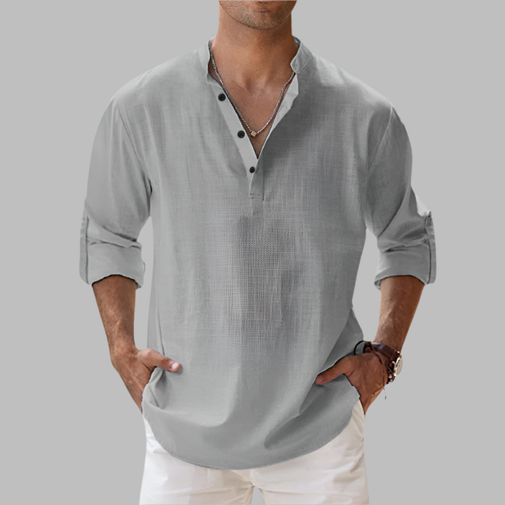 Comfortable men's relaxed fit long sleeve shirt, ideal for summer fashion and warm weather menswear.