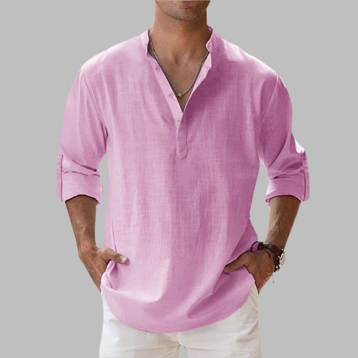 Lightweight men's relaxed fit summer button-down shirt, a stylish choice for warm weather fashion.