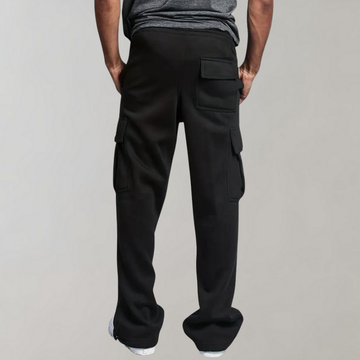 Black men's relaxed fit tactical cargo pants, durable and functional for outdoor activities.