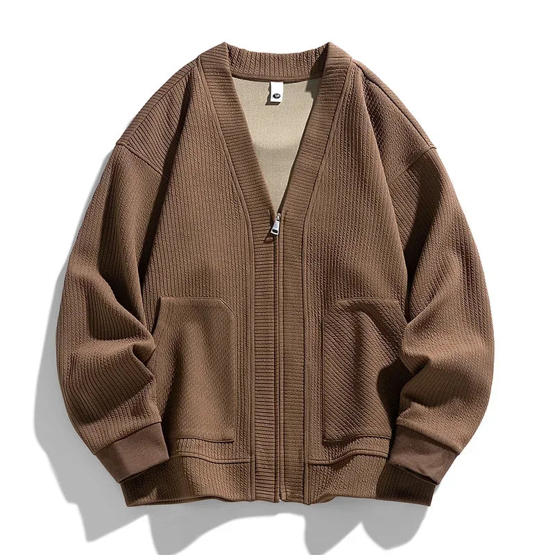 Comfortable men's long sleeve textured knit cardigan, modern casual outerwear.