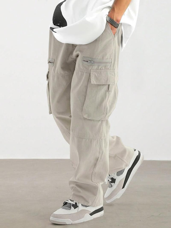 Durable men's cargo pants, urban wear, cotton twill construction, multi-pocket design, casual