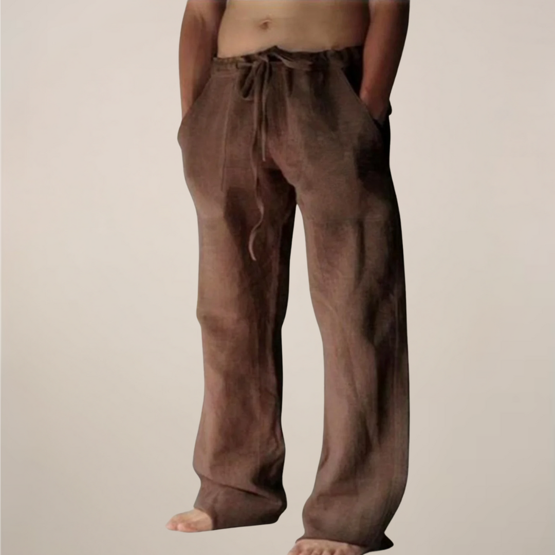 Modern men's wide leg trousers, relaxed fit, designed for comfortable summer & spring fashion.