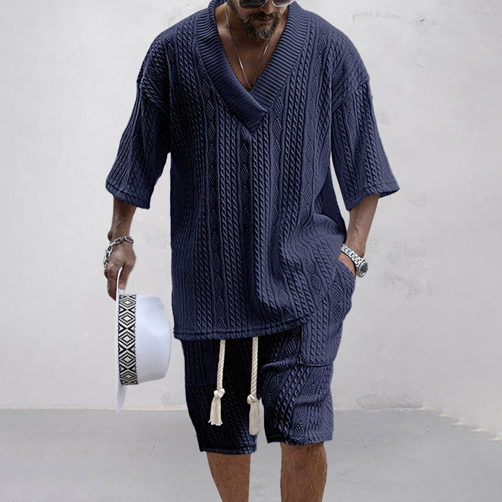 Coordinated men's V-neck shirt & shorts lounge set. Relaxed fit, perfect for summer, home, or casual daily wear.
