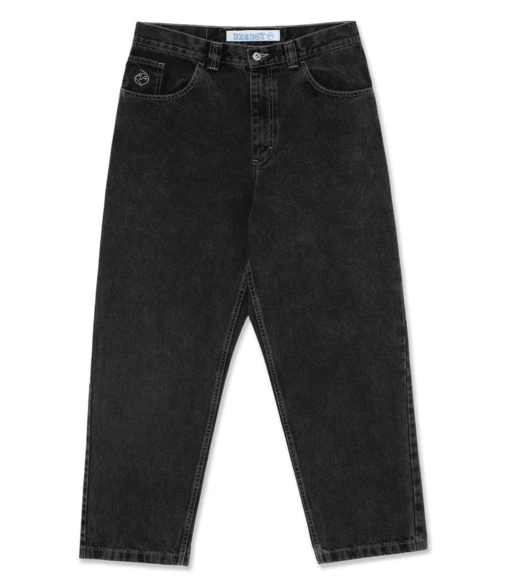Close-up of Men's Relaxed Wide-Leg Denim Pants showing distressed details and sturdy denim fabric