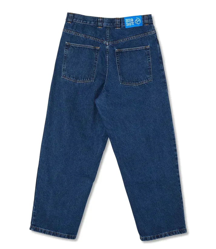 Stylish men's denim wide leg pants in a classic blue wash, ideal for streetwear outfits