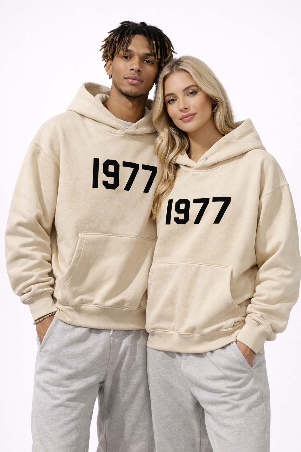 Front view of men's retro 1977 raglan hoodie, showing the urban streetwear style and comfort fit.